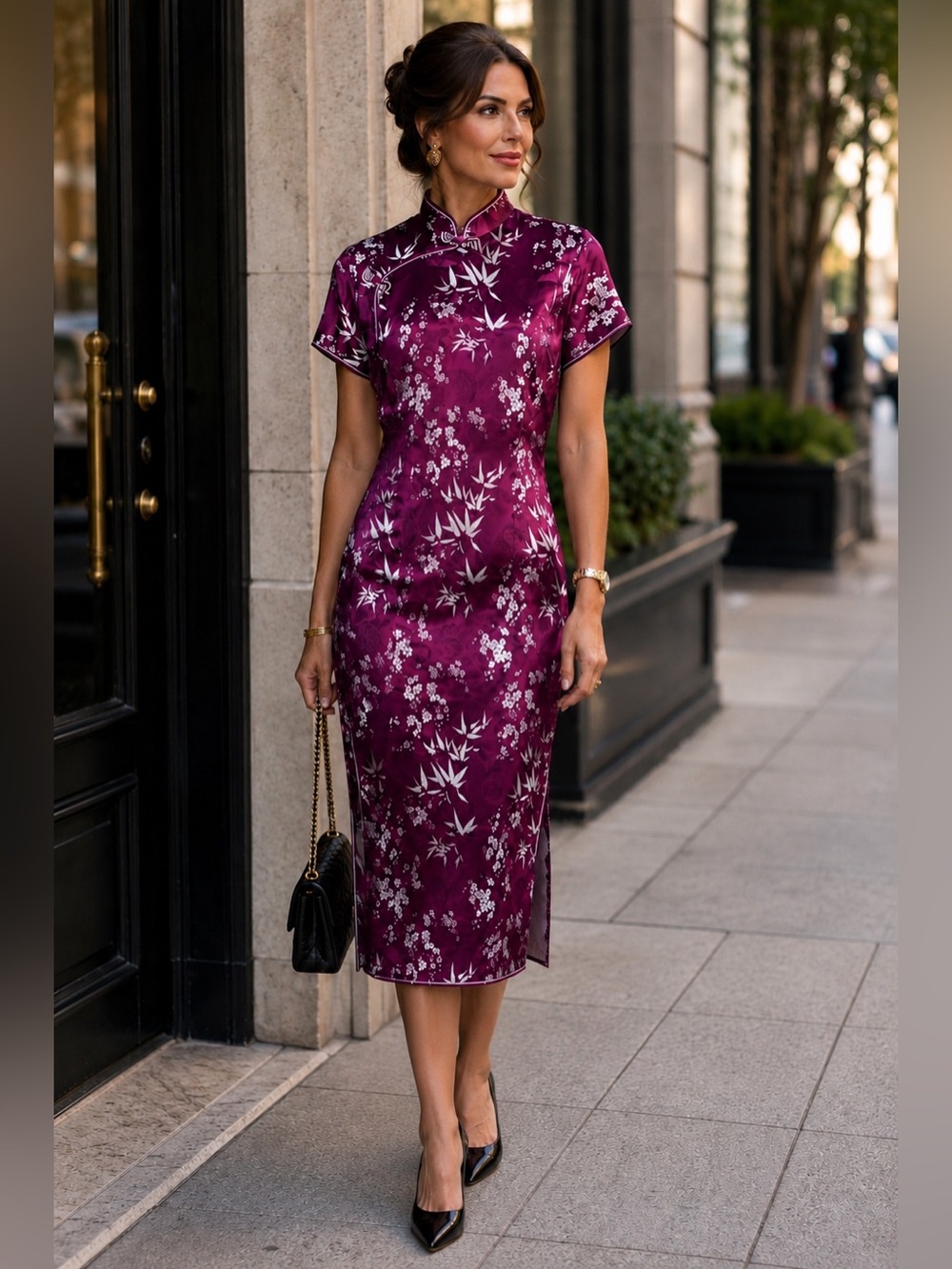 Plum Satin Silver Floral Cheongsam Midi Dress with Mandarin Collar